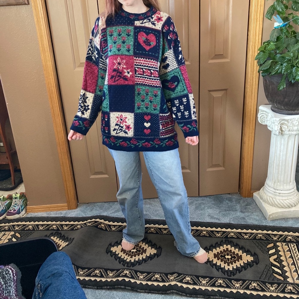 Basic Editions, long flower, heart accent sweater